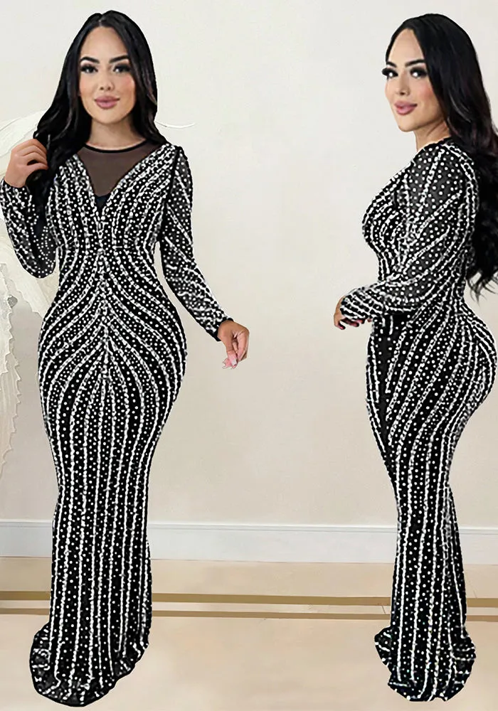 Glamorous Beaded Mesh Long Sleeve Evening Gown with Curve-Enhancing Design