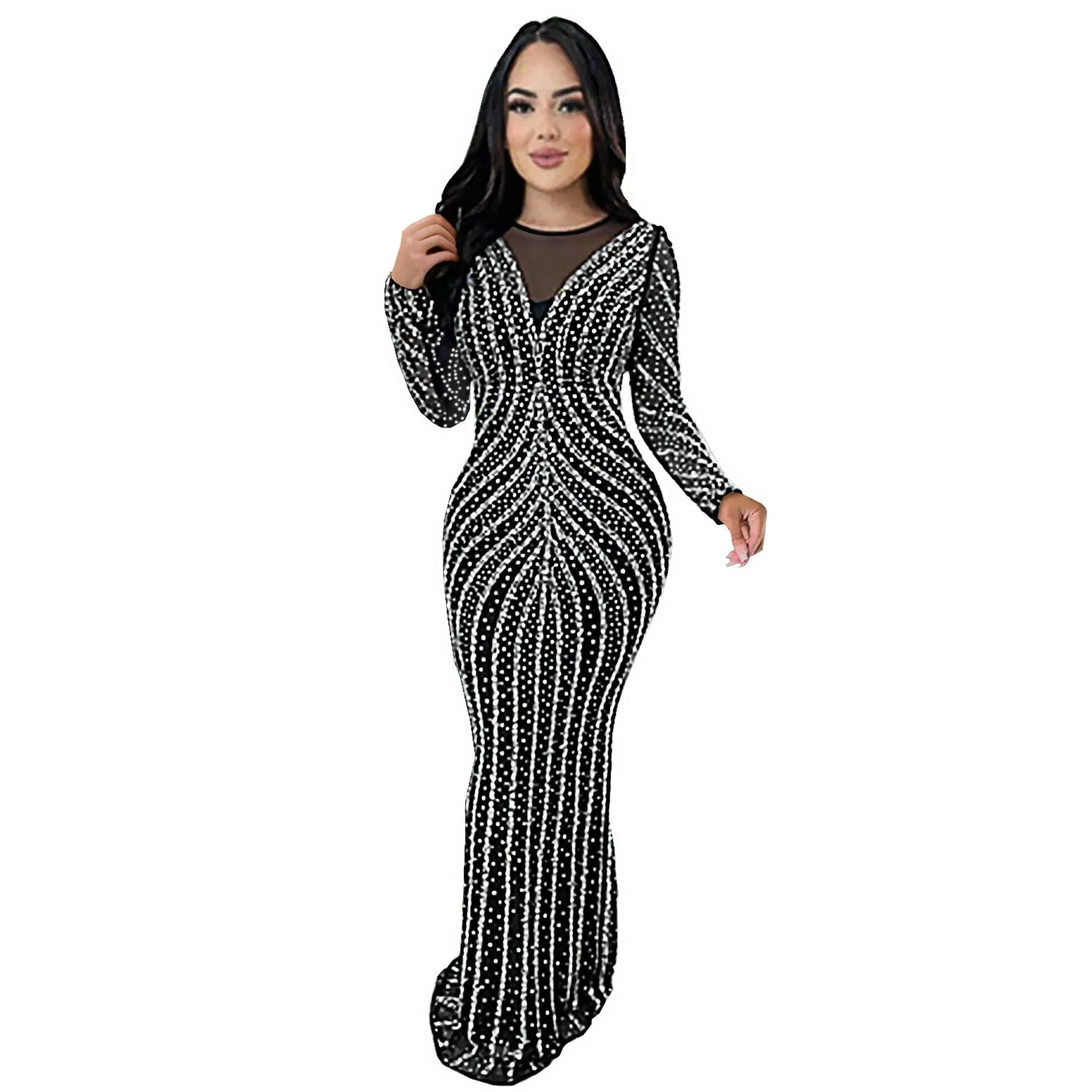 Glamorous Beaded Mesh Long Sleeve Evening Gown with Curve-Enhancing Design