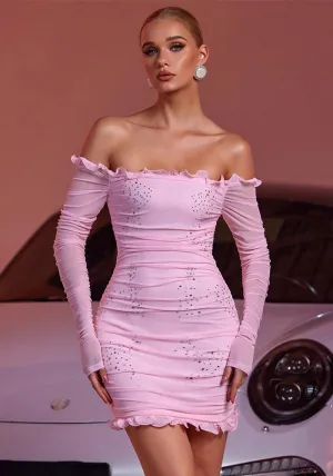 Glamorous Off-Shoulder Beaded Ruched Mini Dress with Elegant Ruffle Details
