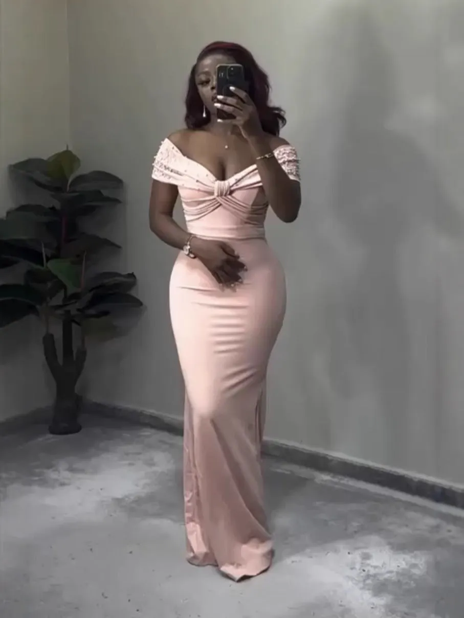 Glamorous Solid Beaded V-Neck Bodycon Dress for Elegant Evenings
