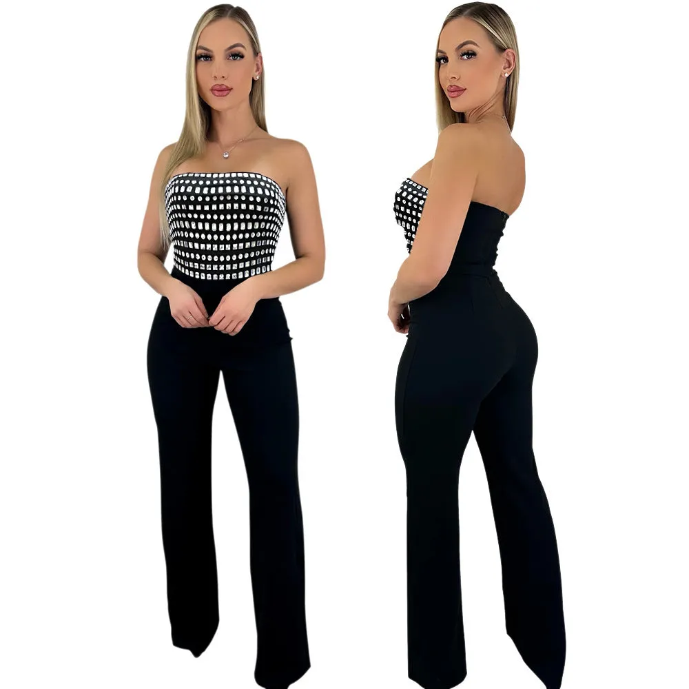 Glamorous Strapless Beaded Jumpsuit with Slim Fit Design