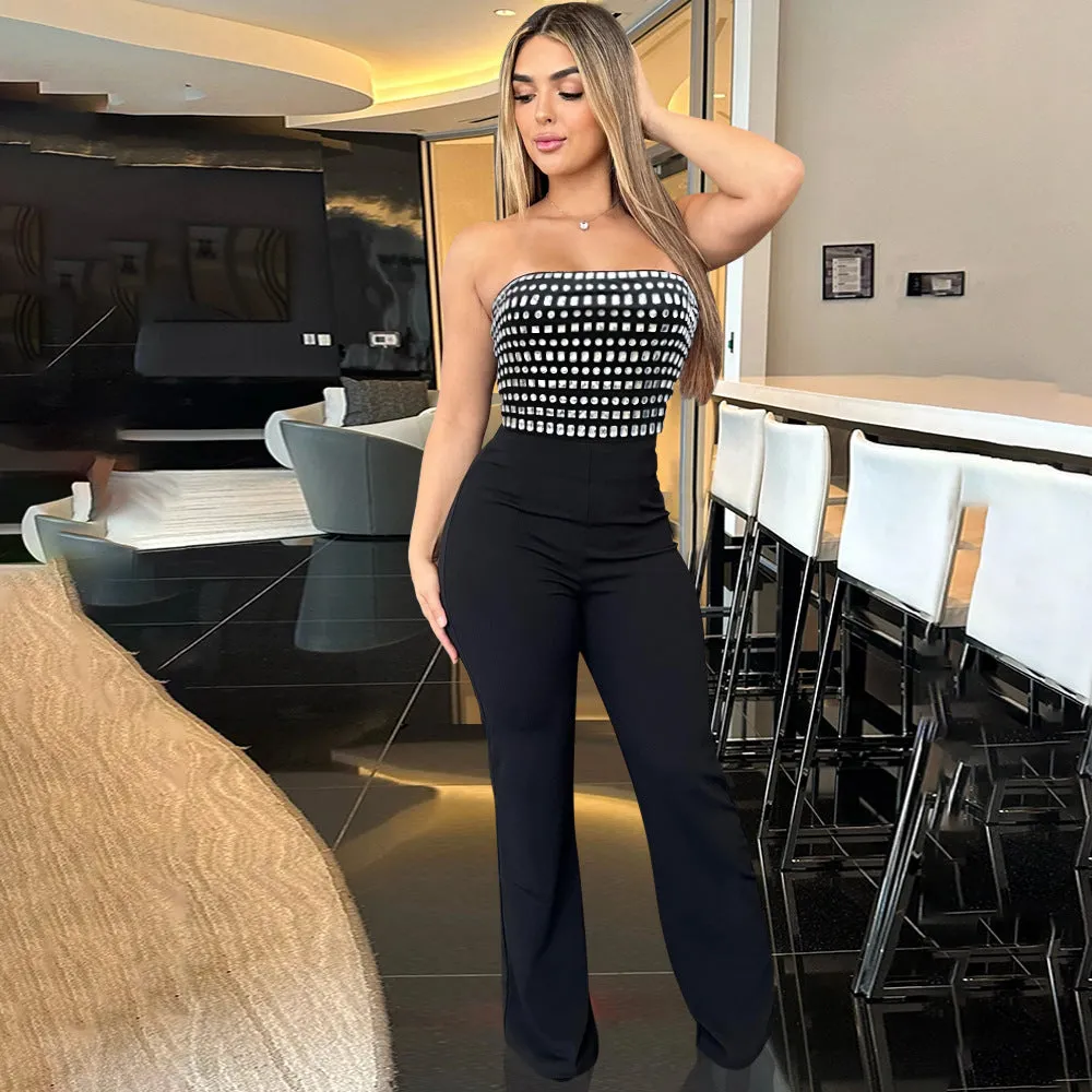 Glamorous Strapless Beaded Jumpsuit with Slim Fit Design