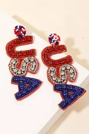 Glass Beaded Usa Print Earrings: RBW