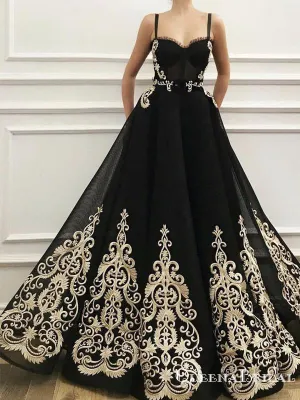Gogerous Spaghetti Strap Black Tulle Gold Lace Applique A-line Long Cheap Formal Evening Prom Dresses, QB0967