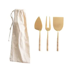 Gold Cheese Servers w/ Rattan Handles