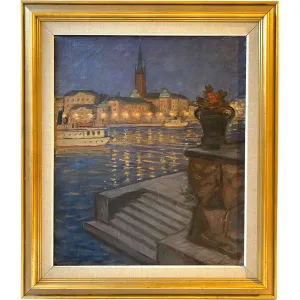 GUNNAR EMIL WEINBERG Oil on Canvas Painting, Copenhagen Harbor at Night