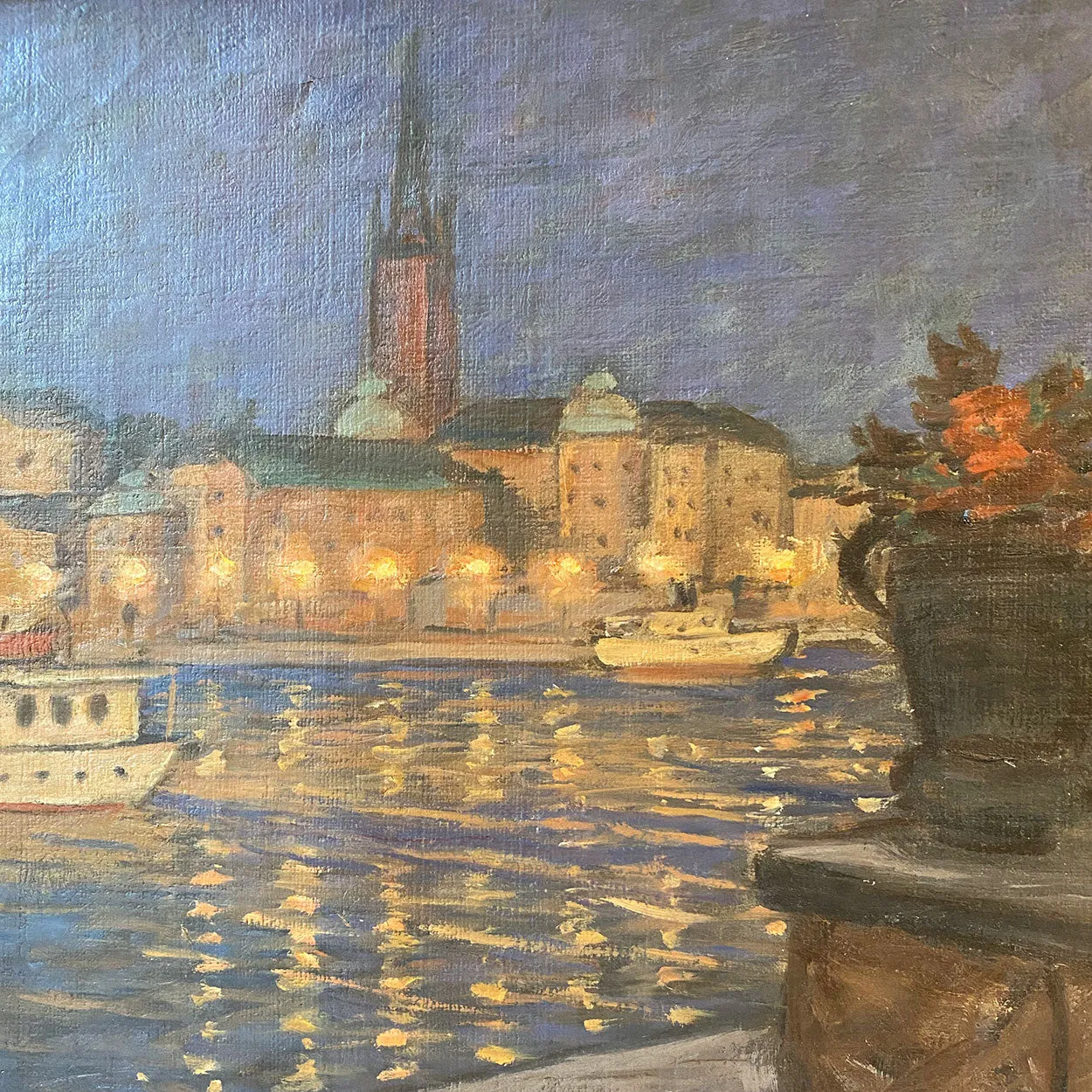 GUNNAR EMIL WEINBERG Oil on Canvas Painting, Copenhagen Harbor at Night