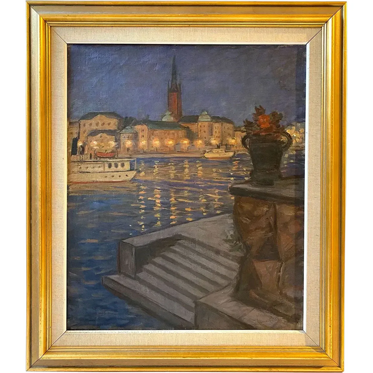 GUNNAR EMIL WEINBERG Oil on Canvas Painting, Copenhagen Harbor at Night