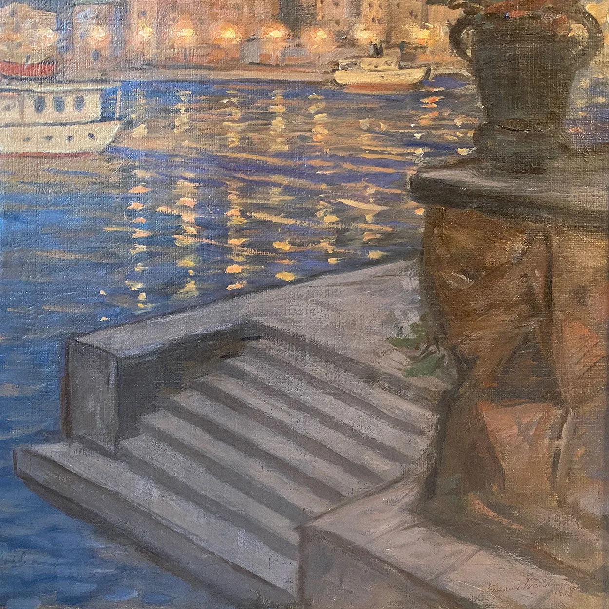 GUNNAR EMIL WEINBERG Oil on Canvas Painting, Copenhagen Harbor at Night