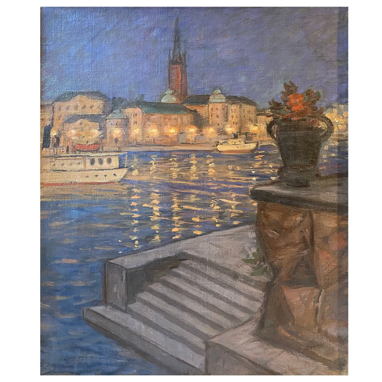 GUNNAR EMIL WEINBERG Oil on Canvas Painting, Copenhagen Harbor at Night