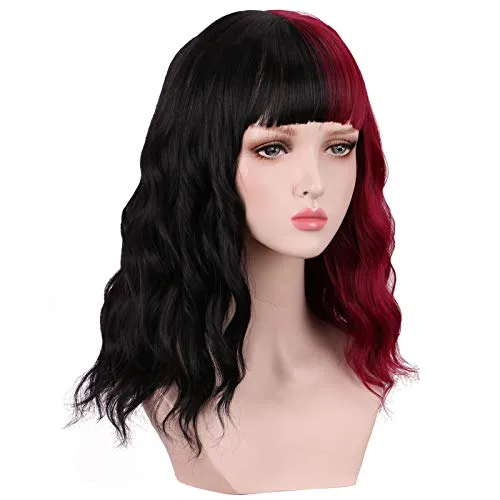 Half Black Half Red Curly Wig With Bangs