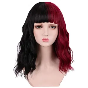 Half Black Half Red Curly Wig With Bangs
