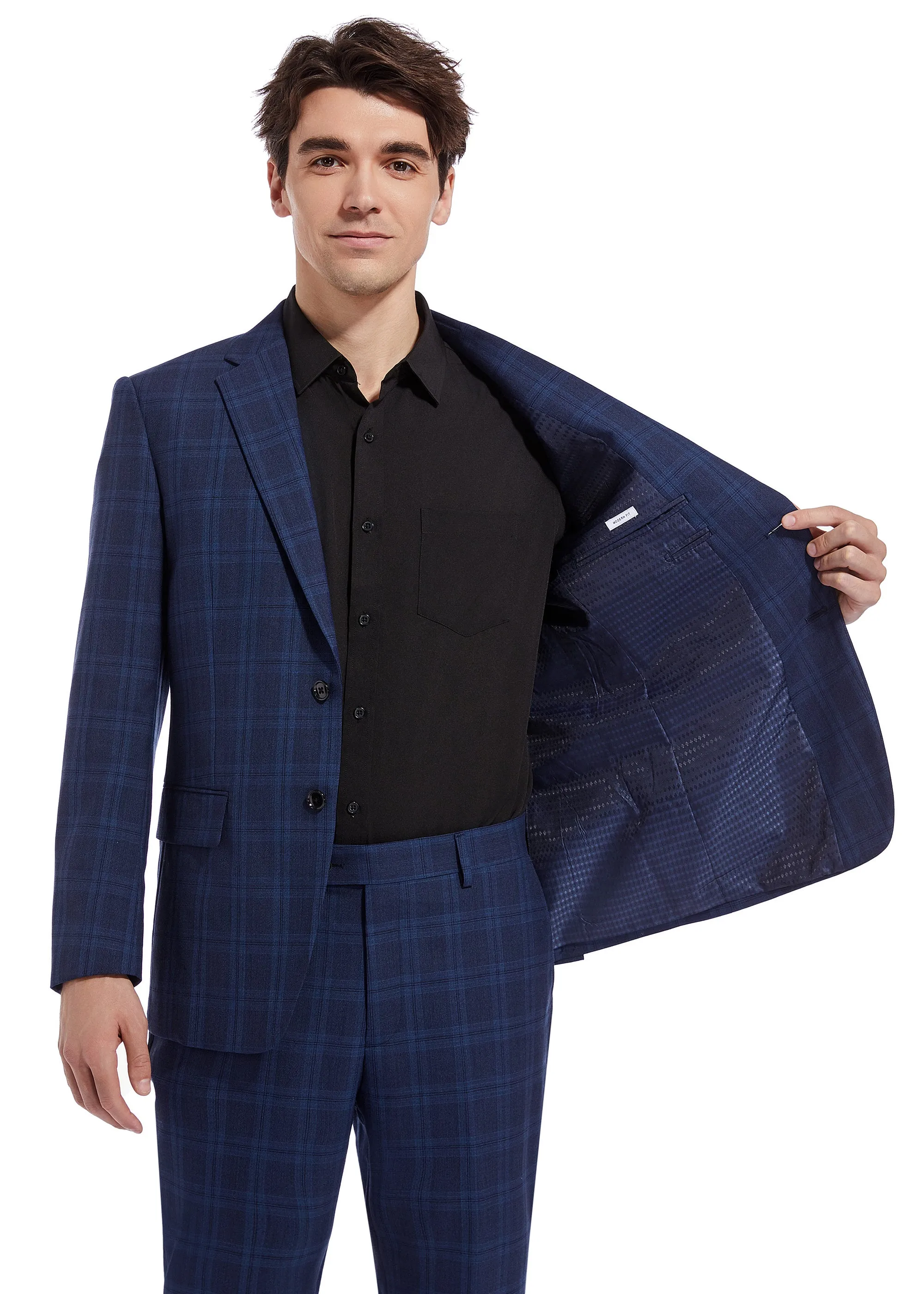 Hechter Paris Navy Plaid Modern Fit Wool Suit