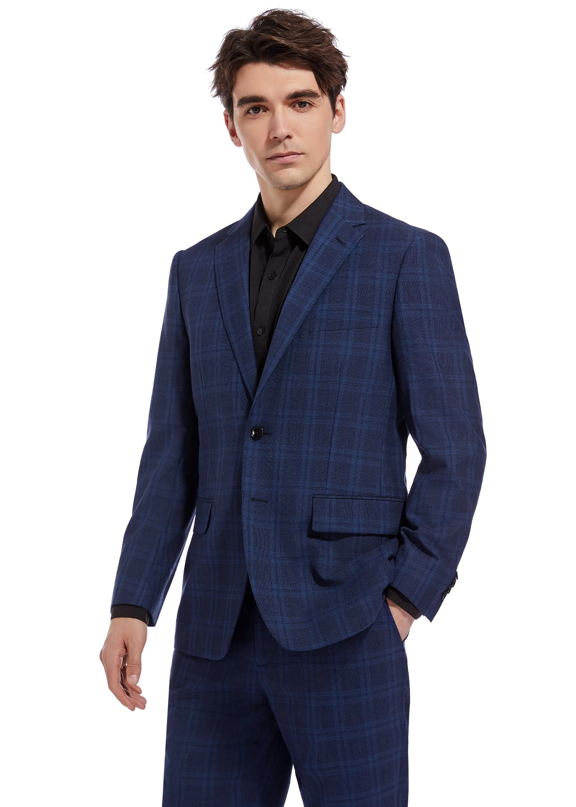 Hechter Paris Navy Plaid Modern Fit Wool Suit