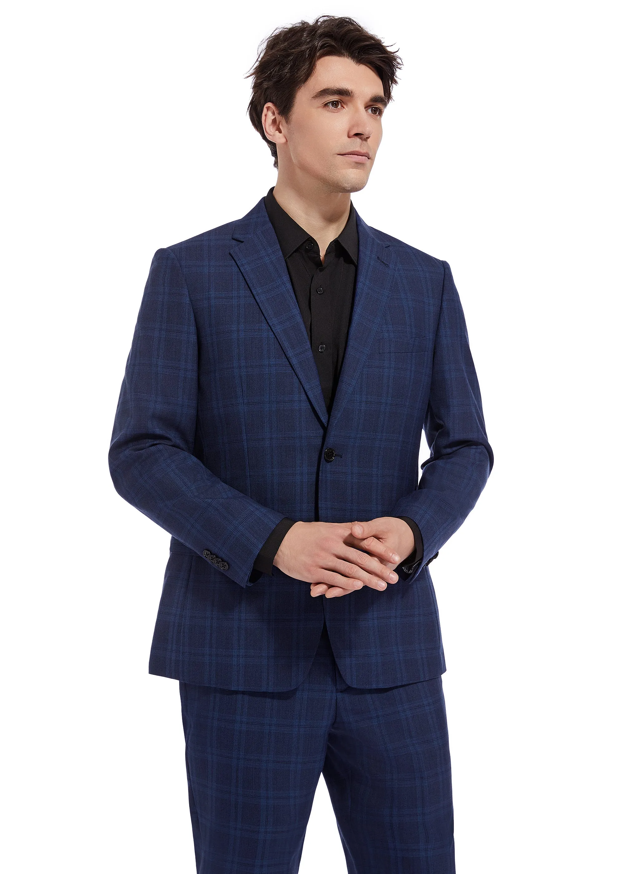 Hechter Paris Navy Plaid Modern Fit Wool Suit