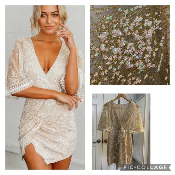 HELLO MOLLY Champagne Glitter Wrap Dress, Size XS evening cape sleeve