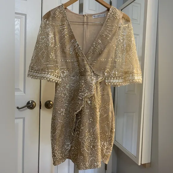 HELLO MOLLY Champagne Glitter Wrap Dress, Size XS evening cape sleeve