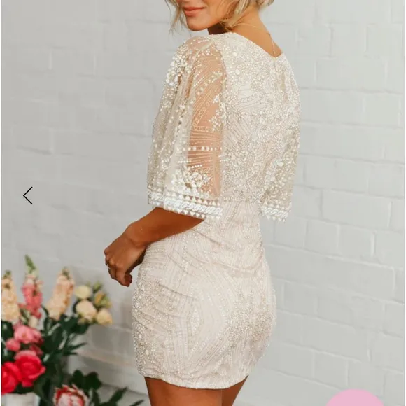 HELLO MOLLY Champagne Glitter Wrap Dress, Size XS evening cape sleeve