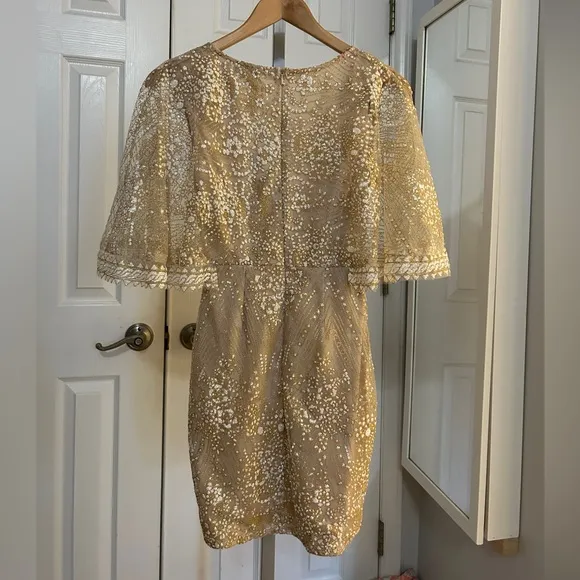 HELLO MOLLY Champagne Glitter Wrap Dress, Size XS evening cape sleeve