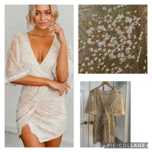 HELLO MOLLY Champagne Glitter Wrap Dress, Size XS evening cape sleeve