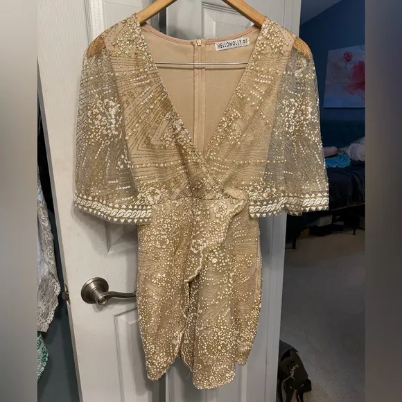 HELLO MOLLY Champagne Glitter Wrap Dress, Size XS evening cape sleeve