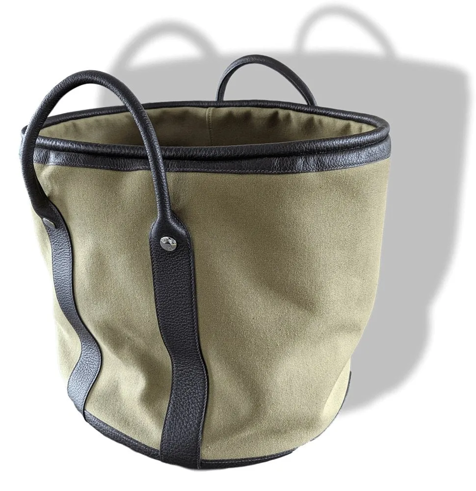 Hermes Kaki Canvas/Ebene Taurillon SAC DE PLAGE - SHOPPING TOTE CABAS BAG 45 GM New!