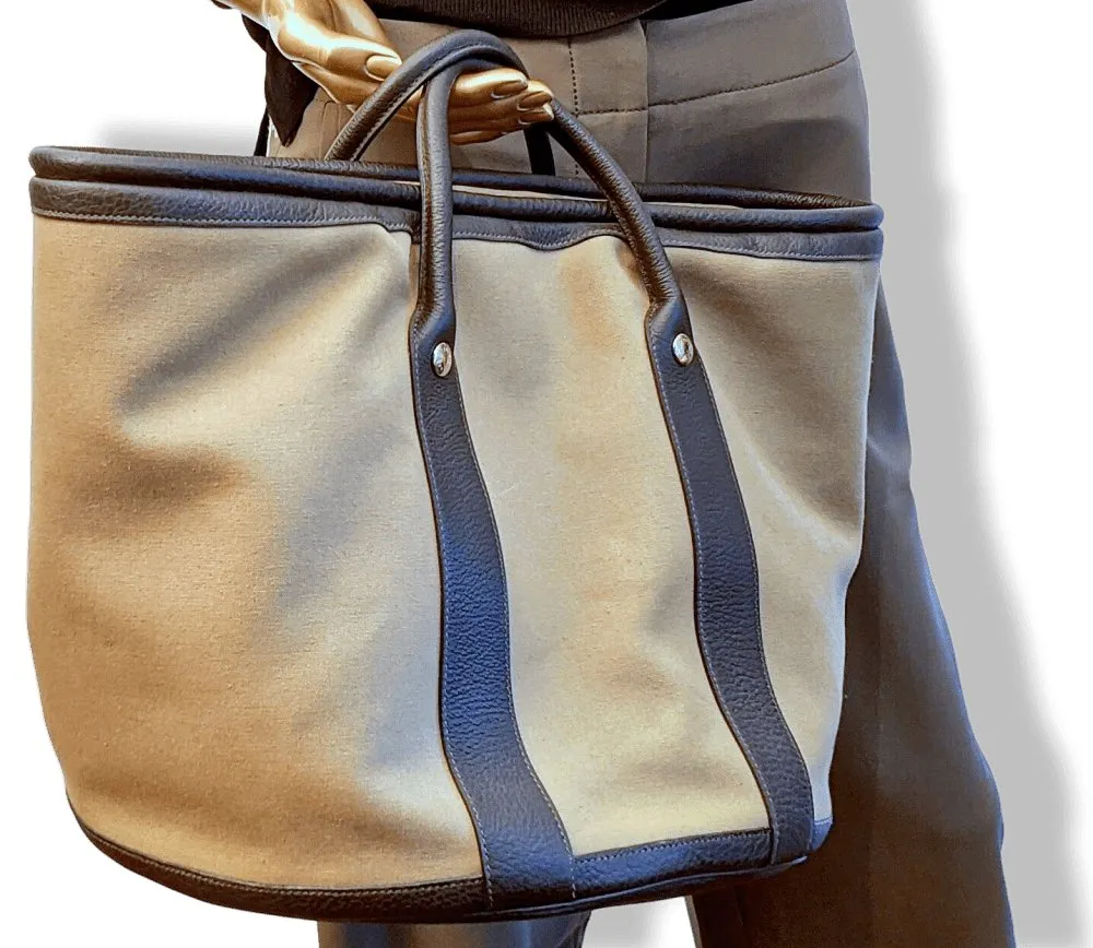 Hermes Kaki Canvas/Ebene Taurillon SAC DE PLAGE - SHOPPING TOTE CABAS BAG 45 GM New!