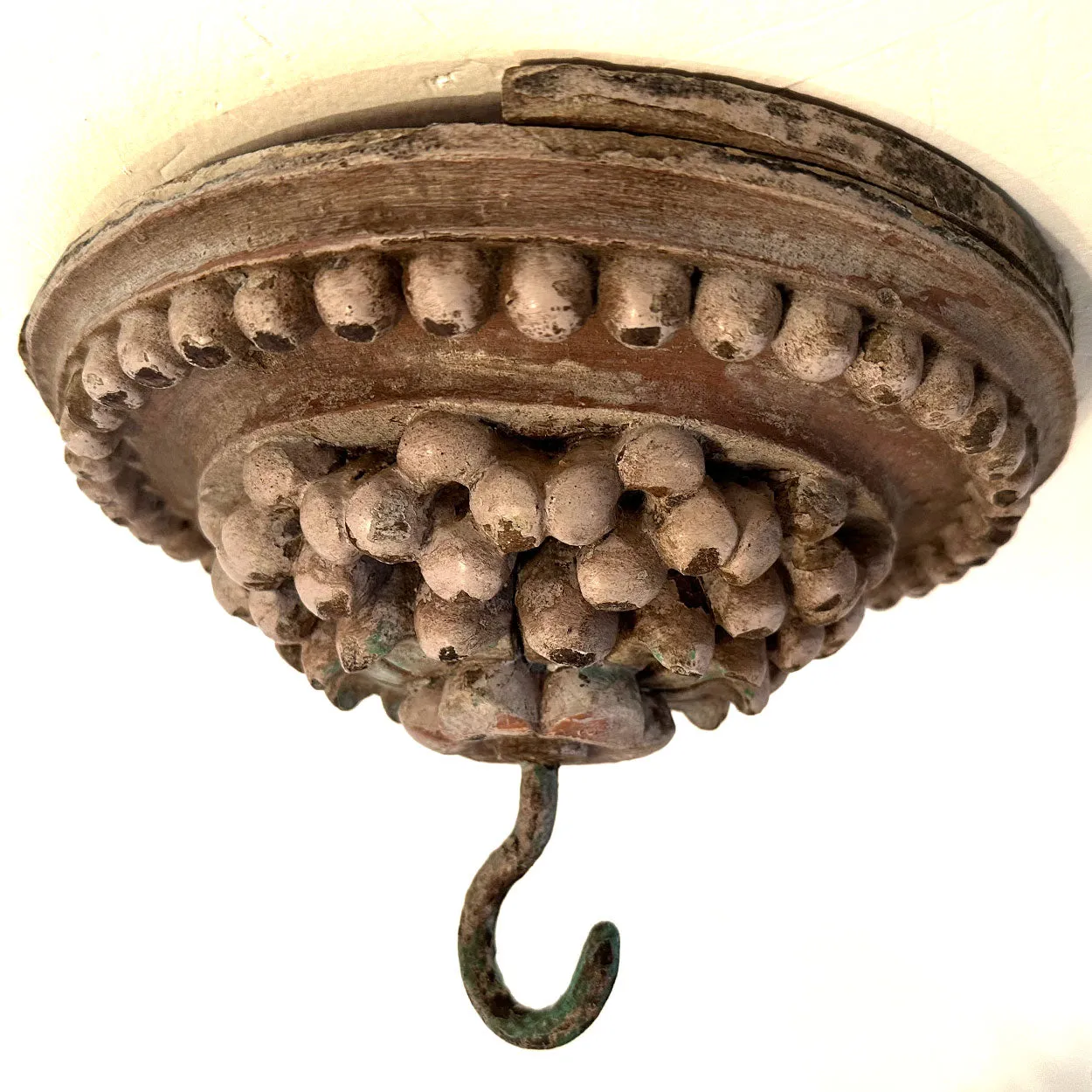 Indo-Portuguese Painted Teak and Iron Architectural Ceiling Medallion Hook
