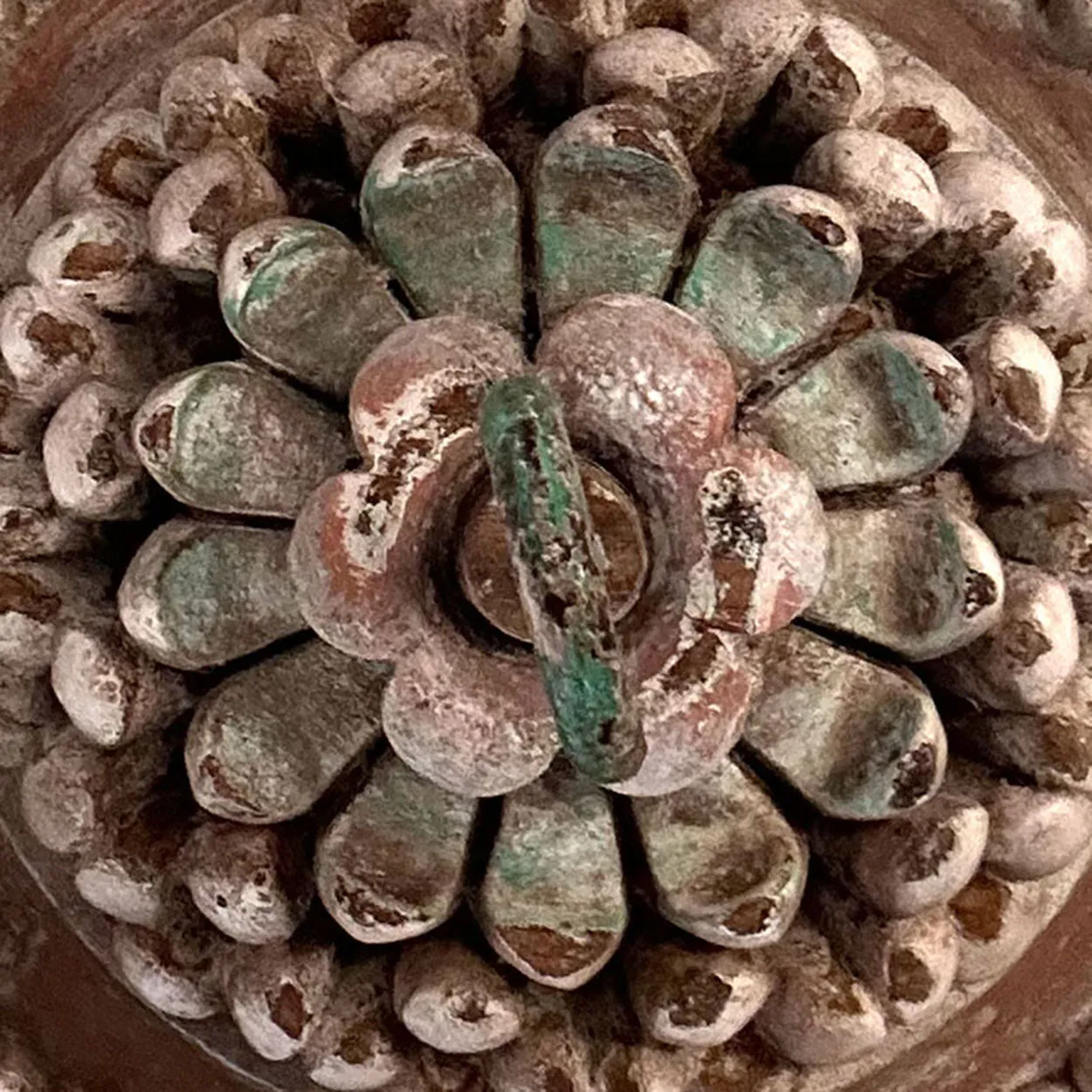Indo-Portuguese Painted Teak and Iron Architectural Ceiling Medallion Hook