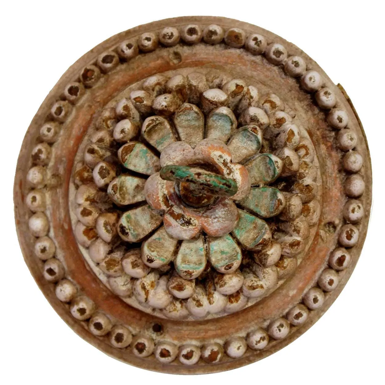 Indo-Portuguese Painted Teak and Iron Architectural Ceiling Medallion Hook