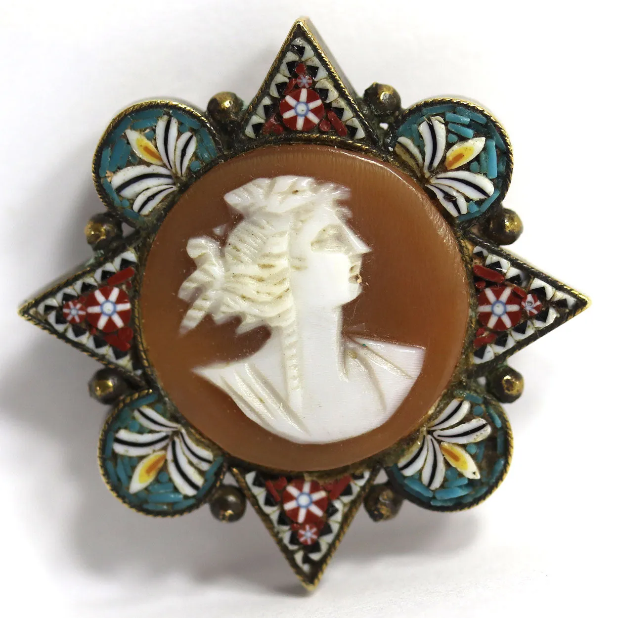 Italian Fabbrica Angelo Pessar Micro Mosaic, Cameo Shell, Brass Portrait Brooch