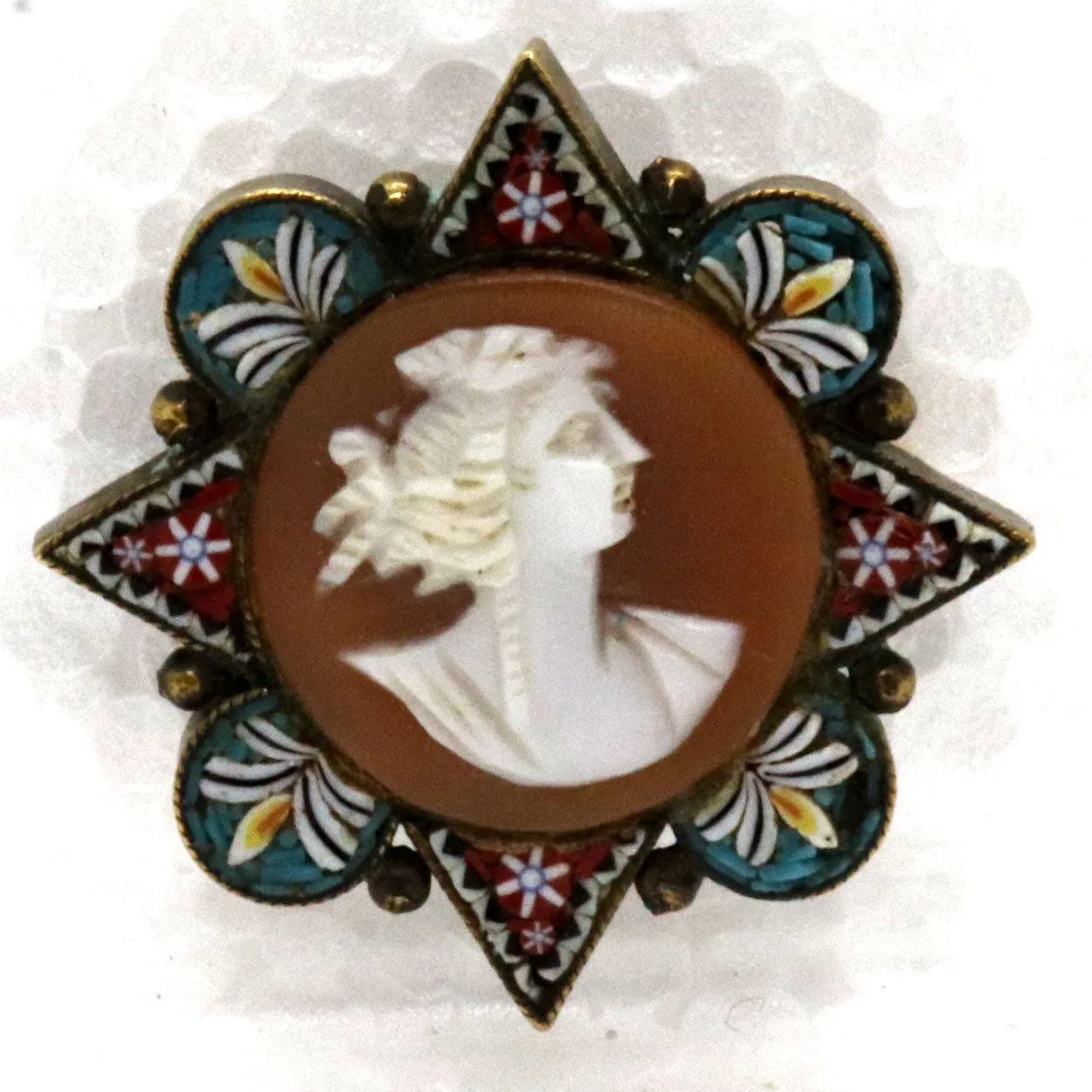 Italian Fabbrica Angelo Pessar Micro Mosaic, Cameo Shell, Brass Portrait Brooch