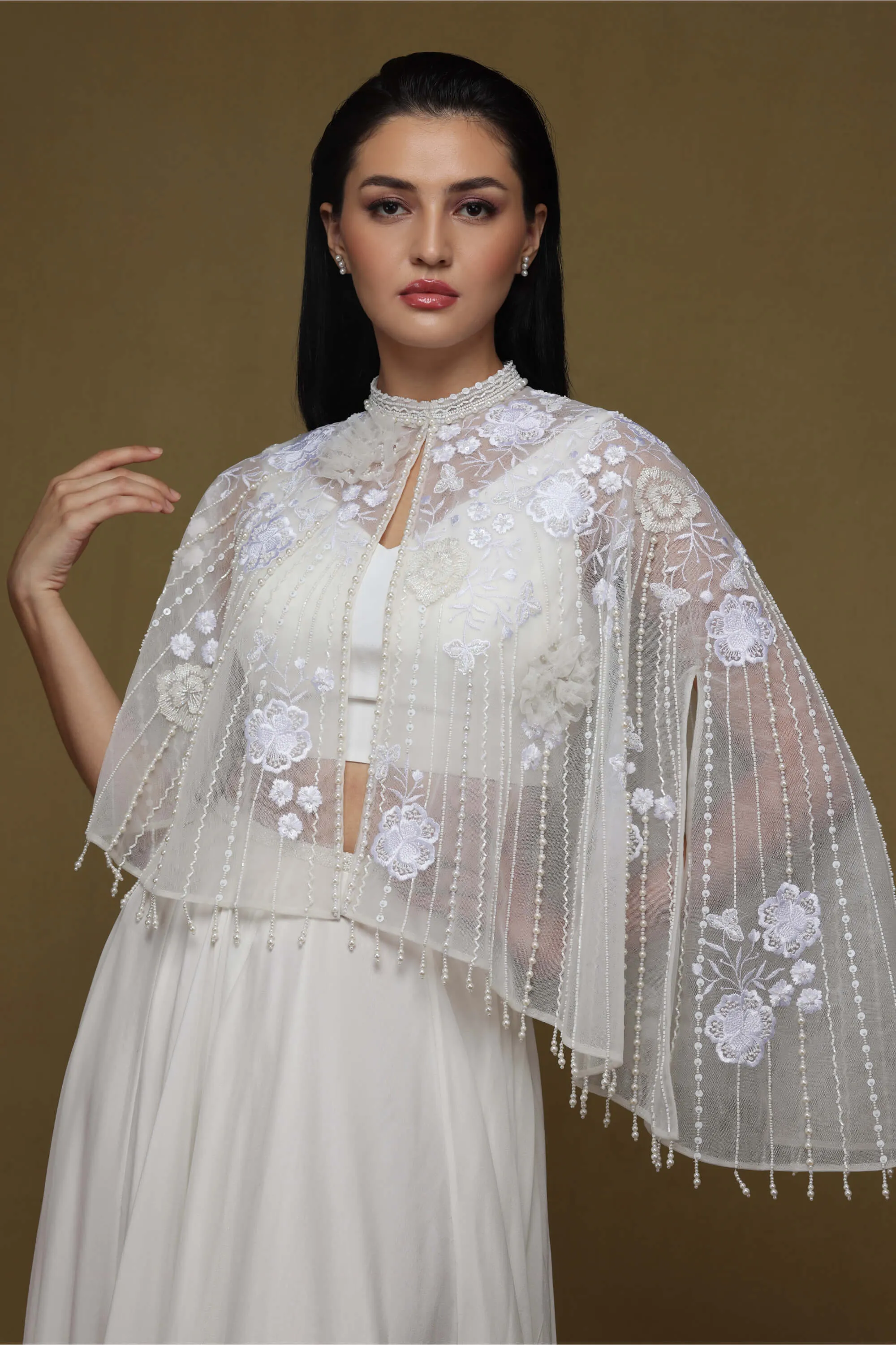 Ivory asymmetric cape and skirt set
