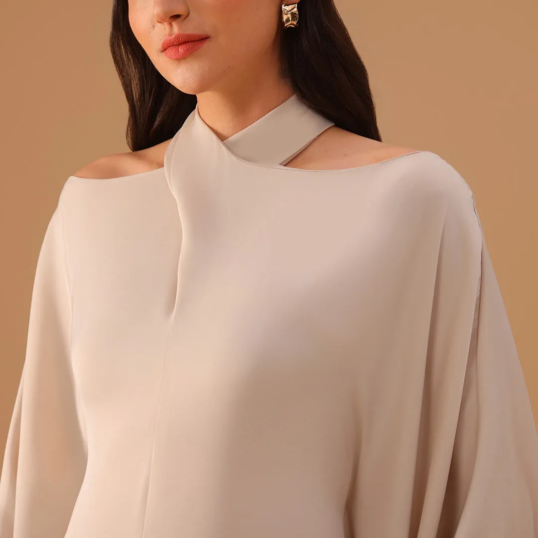 Ivory Off-Shoulder Kaftan with Neck Strap and Inner Belt