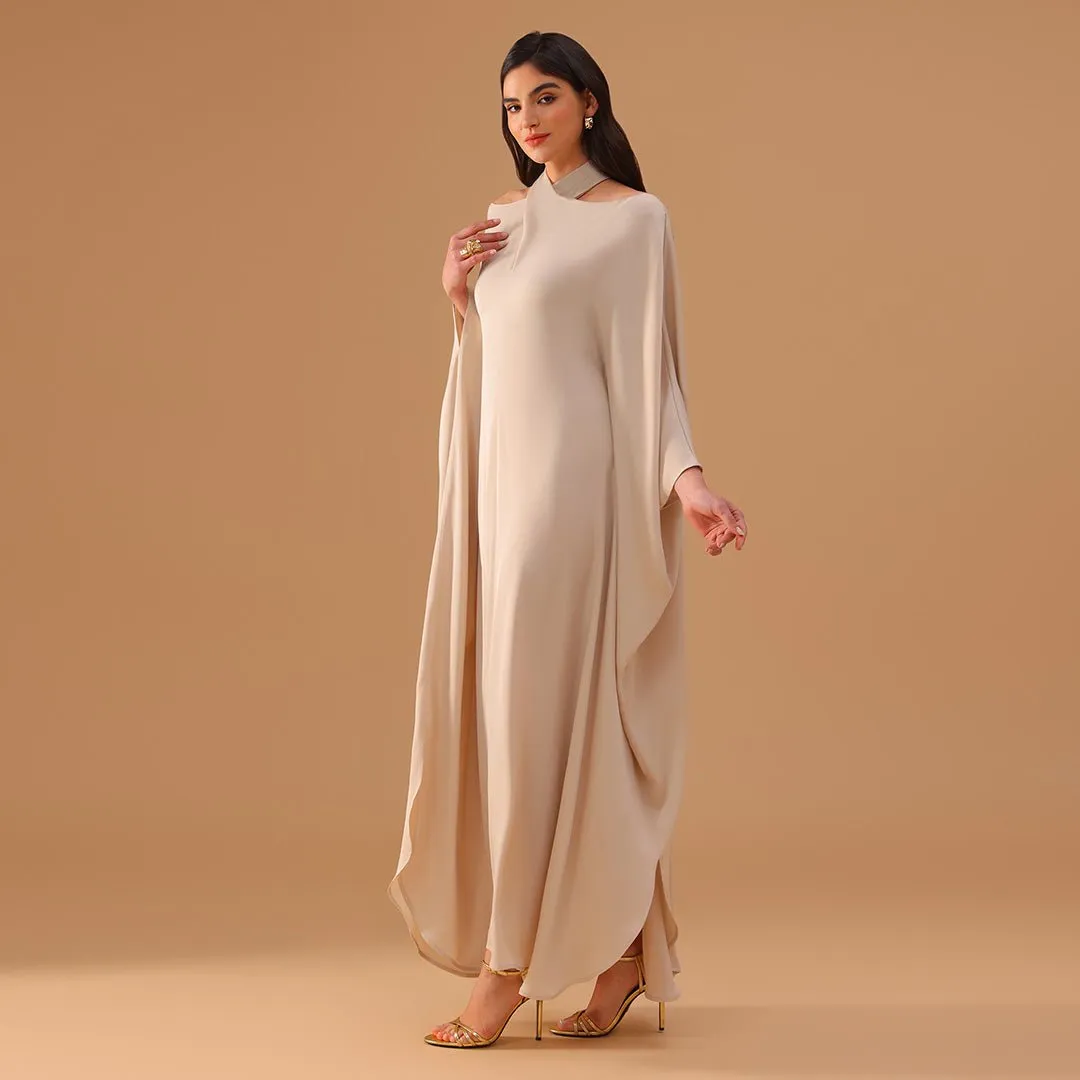 Ivory Off-Shoulder Kaftan with Neck Strap and Inner Belt