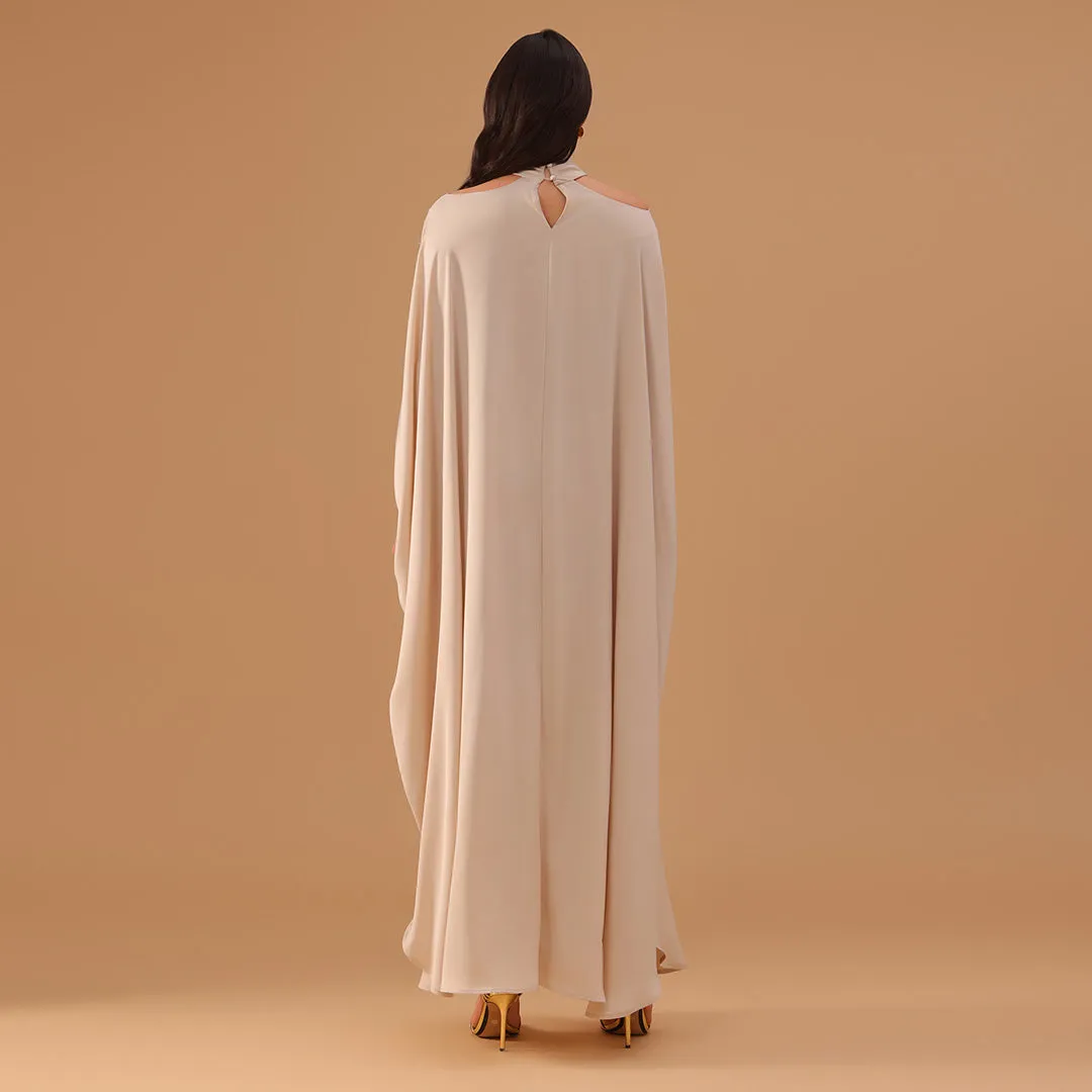 Ivory Off-Shoulder Kaftan with Neck Strap and Inner Belt