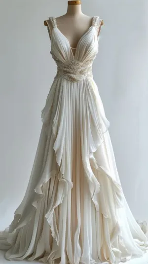 JazzHer Ivory Beaded A-line Evening Gown Maxi Long Evening Party Prom Dresses Wedding Dresses With Ruffles (PRE-ORDER)