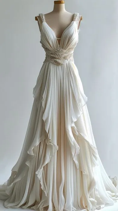 JazzHer Ivory Beaded A-line Evening Gown Maxi Long Evening Party Prom Dresses Wedding Dresses With Ruffles (PRE-ORDER)