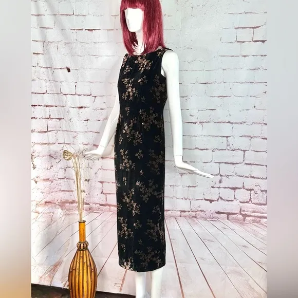 JONES NY EVENING 6P Black &amp; Brown Velvet Design Sleeveless Sheath Midi Dress