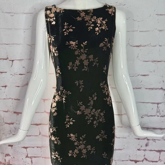 JONES NY EVENING 6P Black &amp; Brown Velvet Design Sleeveless Sheath Midi Dress