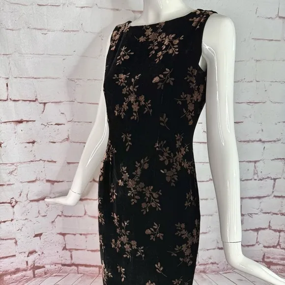 JONES NY EVENING 6P Black &amp; Brown Velvet Design Sleeveless Sheath Midi Dress