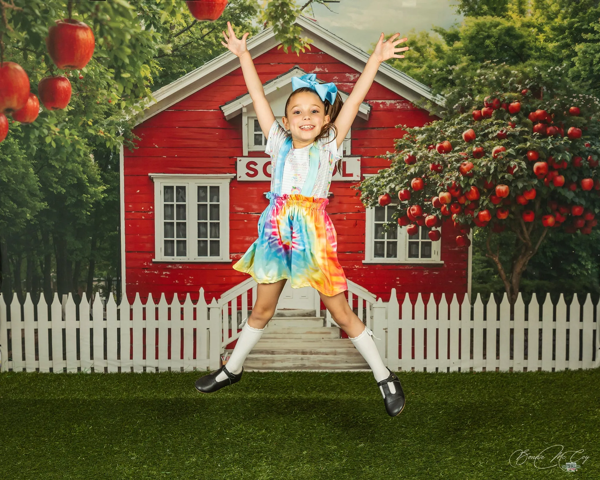Kate Back to School Red House Apple Tree Fence Backdrop Designed by Chain Photography