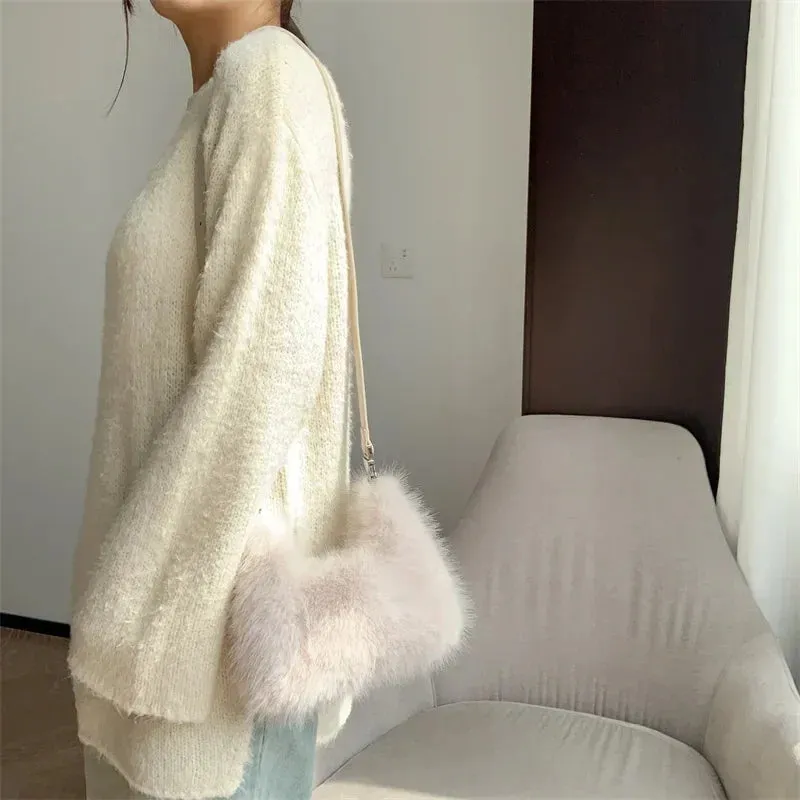 Kawaii Plush Faux Fur Evening Clutch 🐾✨ - Soft & Fluffy Shoulder Bag for Trendy Ladies 💖🎀