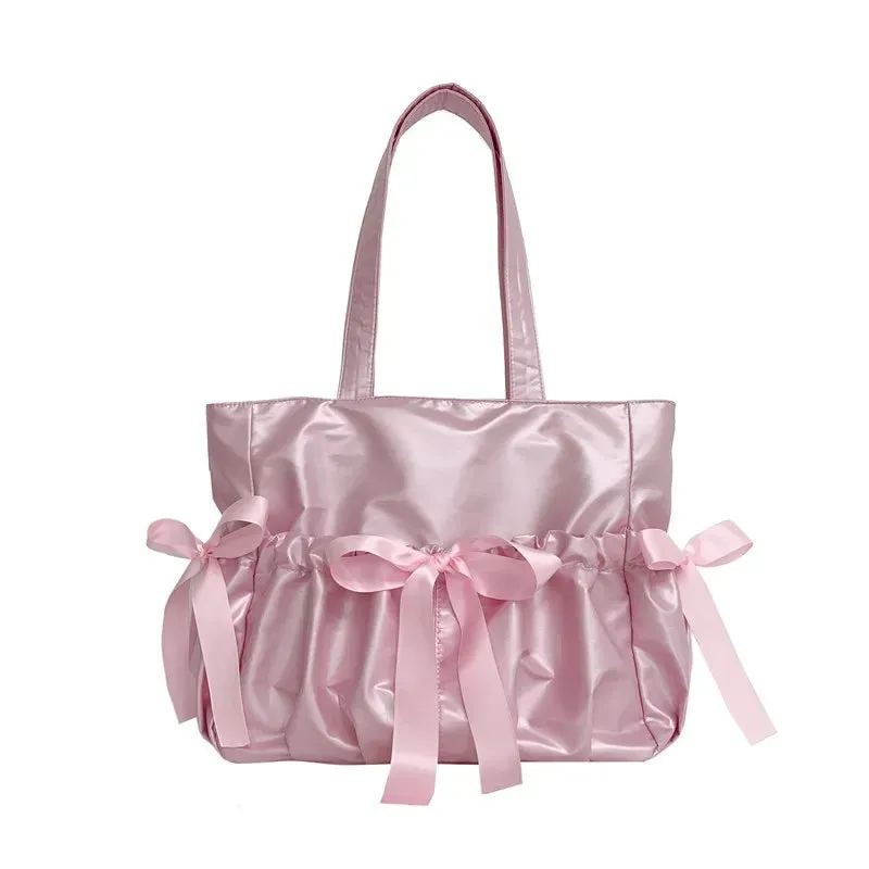 Kawaii Ribbon Bow Tote Bag 🌸✨ Sweet Forest Style | Large Capacity Double-Sided Handbag for Students 🎒💖