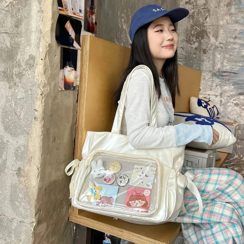 Kawaii Ribbon Bow Tote Bag 🌸✨ Sweet Forest Style | Large Capacity Double-Sided Handbag for Students 🎒💖