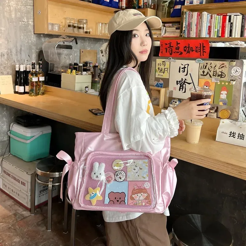 Kawaii Ribbon Bow Tote Bag 🌸✨ Sweet Forest Style | Large Capacity Double-Sided Handbag for Students 🎒💖