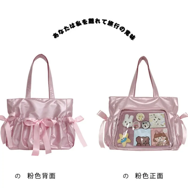 Kawaii Ribbon Bow Tote Bag 🌸✨ Sweet Forest Style | Large Capacity Double-Sided Handbag for Students 🎒💖