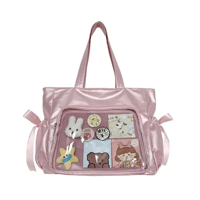 Kawaii Ribbon Bow Tote Bag 🌸✨ Sweet Forest Style | Large Capacity Double-Sided Handbag for Students 🎒💖