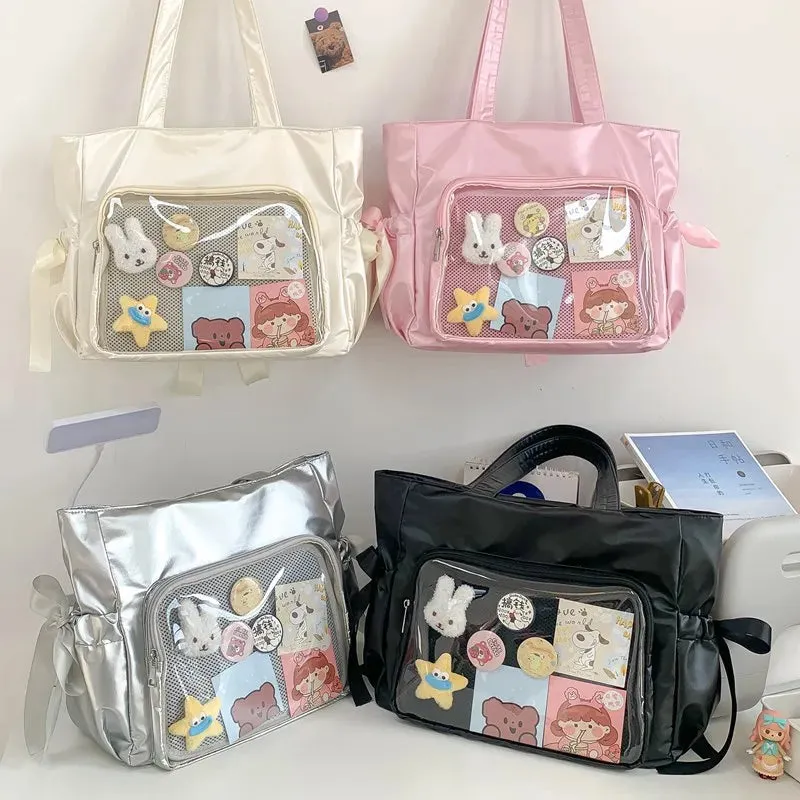 Kawaii Ribbon Bow Tote Bag 🌸✨ Sweet Forest Style | Large Capacity Double-Sided Handbag for Students 🎒💖