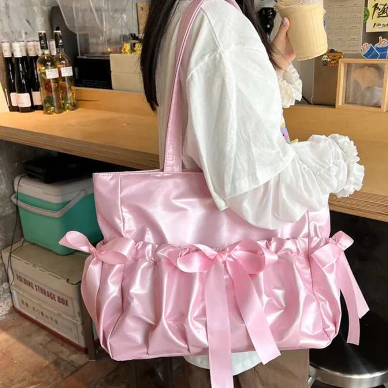 Kawaii Ribbon Bow Tote Bag 🌸✨ Sweet Forest Style | Large Capacity Double-Sided Handbag for Students 🎒💖